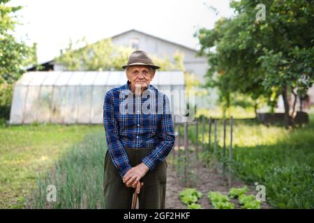 Portrait of sad elderly man standing outdoors in garden, looking at camera. Stock Photo