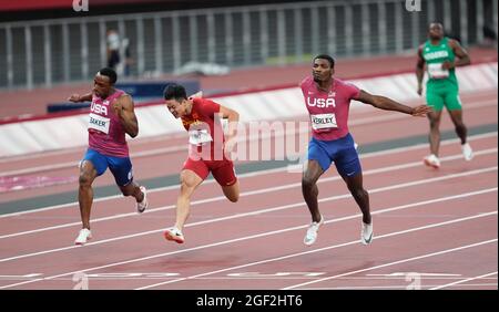 Fred Kerley running the 100 meters at the 2020 Tokyo Olympics. Stock Photo