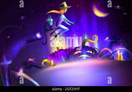 Halloween night vector illustration background with flying witch on broom, moon, cemetery and crosses. Scary character on broomstick with magic cat. Terrifying pumpkins with candles in the moonlight. Stock Vector
