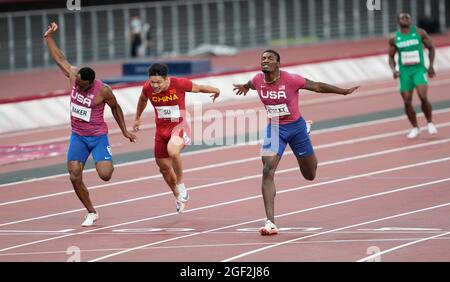 Fred Kerley running the 100 meters at the 2020 Tokyo Olympics. Stock Photo