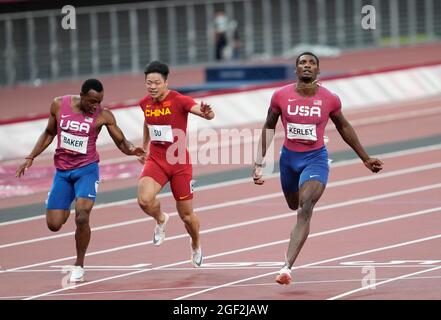 Fred Kerley running the 100 meters at the 2020 Tokyo Olympics. Stock Photo