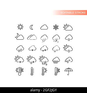 Weather forecast line vector icon set. Stormy, sunny, rain, snow icons. Sun and clouds, hot and cold symbols, editable stroke. Stock Vector