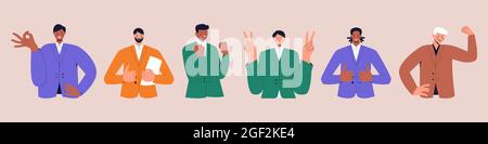 Set of lucky businessman with different skin colors showing various positive emotions with gestures. Victory fingers, ok sign, clenched fist, thumbs Stock Vector