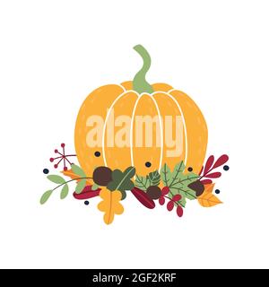 Cute autumn composition of ripe yellow pumpkin, fallen leaves, branches, berries. Cartoon flat icon with traditional item for Thanksgiving, harvest Stock Vector