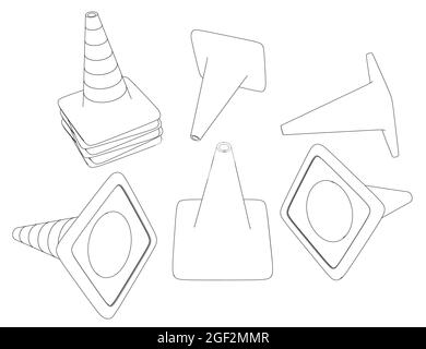 Set with contours of road cones in different positions from black lines Isolated on white background. Vector illustration. Stock Vector