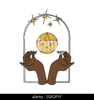 Vintage Mystic hands and 5 rays star inside arch Stock Vector