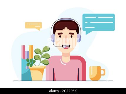 Concept of online assistant, call center or online support, male manager talking with client through headphones. Vector illustration in a flat style. Stock Vector