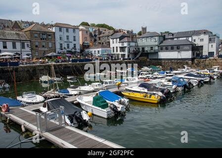 Falmouth, Cornwall, England, UK. 2021. Overview of Custom House Quay on the waterfront and Falmouth Haven small boat pontoons in Falmouth town centre. Stock Photo