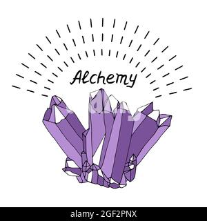 Purple amethyst crystals and text alchemy. Stock Vector