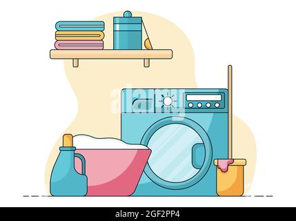 Housekeeping concept, basket with dirty clothes and liquid soap in front of a washing machine. Cartoon illustration with cleaning products, mop and Stock Vector