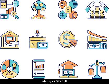 Financial literacy RGB color icons set Stock Vector