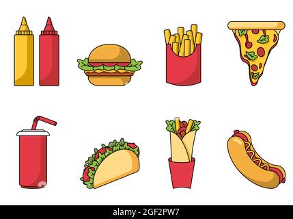 Set of a cartoon fast food isolated on a beige background. Hamburger, tacos, pizza, hot-dog, French fries, soda, soys, meat roll. Vector illustration Stock Vector