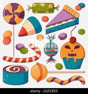 Sweet candies set for a halloween party, jelly, bonbon, cupcake, pie and other desserts in a flat style isolated on a white background. Stock Vector