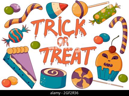 Concept illustration of trick or treat candy mix, halloween party with spooky bonbons, pies and cupcakes in a flat style isolated on a white Stock Vector