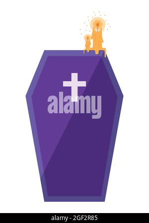 Cartoon illustration of melted candle on the top of the creepy purple coffin. Vector illustration in a flat style. Stock Vector