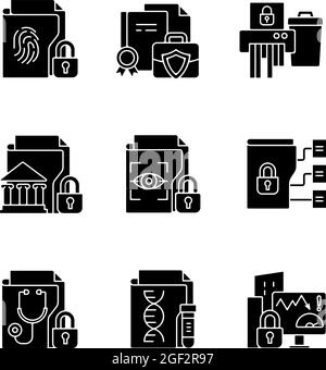 Confidential information types black glyph icons set on white space Stock Vector