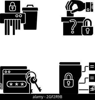 Data sensitivity black glyph icons set on white space Stock Vector