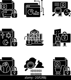 Personal information black glyph icons set on white space Stock Vector
