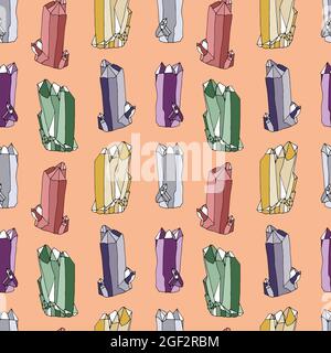 Seamless pattern with hand drawn colorful crystals on pink background. Stock Vector