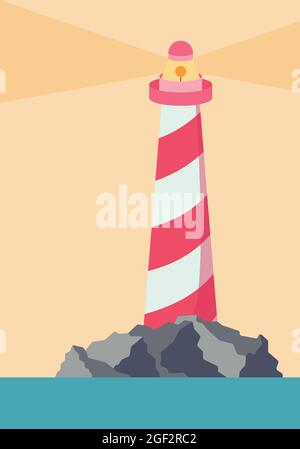 Vector postcard of a simple landscape of a lighthouse in the ocean on a rocks, background template. Vector illustration in a flat style. Stock Vector