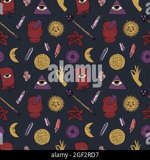 Seamless pattern with hand drawn doodle line art celestial bodies and magic items. Spiritual mystic repeat texture. Stock Vector