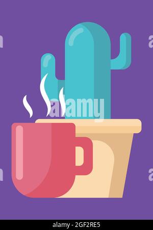 Mug with hot drink in front of pot with a cactus. Cartoon vector illustration in a flat style, isolated on a purple background. Stock Vector