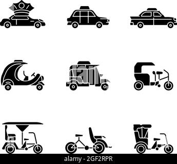 Types of tourism black glyph icons set on white space. Road trip, wine ...