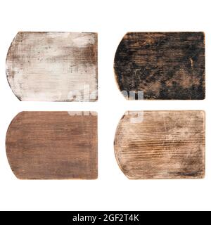 Isolated old wooden chopping boards collage set Stock Photo