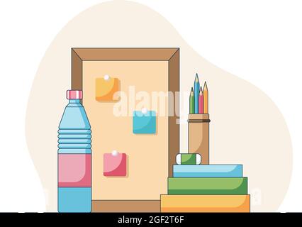 Cartoon home office work or study, bottle of water in front of notes on the deck, pencils and rubber on the books.  Stock Vector