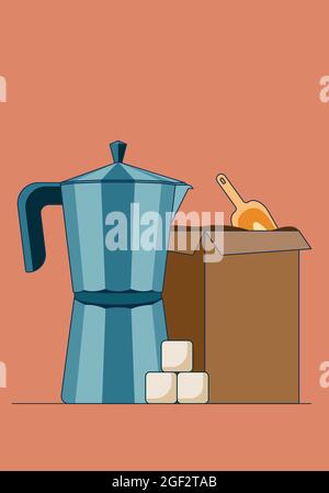 Cartoon vector illustration of a simple geyser coffee maker with sugar and box full of coffee isolated on a red background. Vector illustration in a Stock Vector