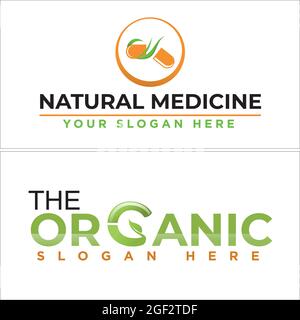 Medical supplements vitamins with capsule pill leaf herbal logo design Stock Vector