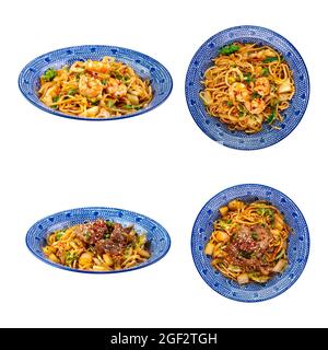 Isolated beef and shrimp yakisoba noodles collage Stock Photo