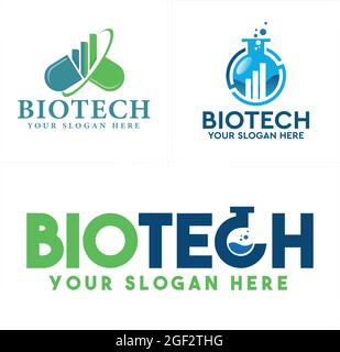 Biotech logo design with icon capsule pill and test tube bubble Stock Vector