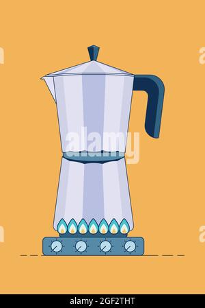 Cartoon vector illustration of a simple geyser coffee maker on a gas stove isolated on a yellow background. Vector illustration in a flat style. Stock Vector