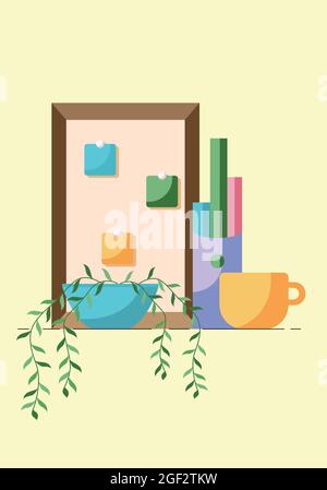 Concept of workplace, call center or office, with plant and cup isolated on yellow background. Vector illustration in a flat style. Stock Vector