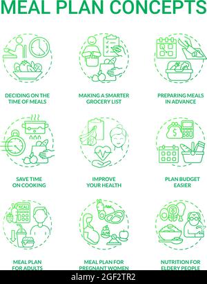 Meal plan related green gradient concept icons set Stock Vector