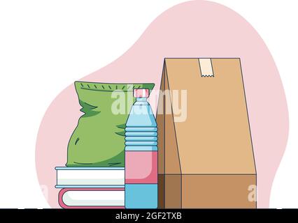 Concept of a school lunch, bottle of water and chips on the books near the pepper bag. Vector illustration in a flat style isolated on an abstract Stock Vector