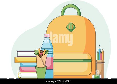 Concept of a school lunch, roll with bottle of water in front of a multi-coloured books and yellow backpack, pencils and ruler . illustration in a Stock Vector