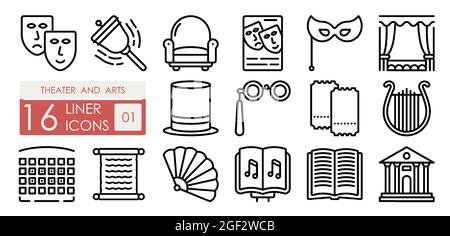 Theatrical performances and premieres. Musical art of theater and opera on stage. Harp, tragedy, comedy, masks, script, sheet music. Set of simple lin Stock Vector