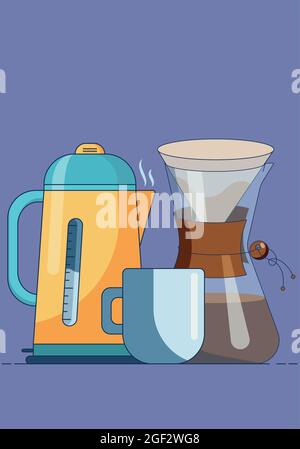 Mug with hot coffee, jug, filter bags, and electric kettle. Cartoon vector illustration in a flat style, isolated on a purple background. Stock Vector