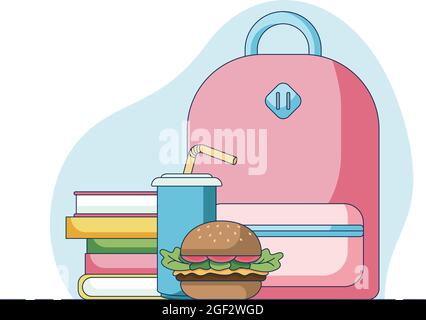 Concept of a school lunch, burger with soda in front of a multi-coloured books and pink backpack. Vector illustration in a flat style isolated on an Stock Vector