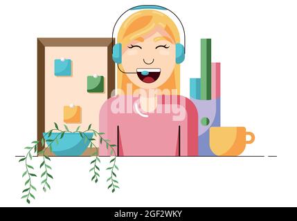 Concept of online assistant, call center or online support, female customer talking with client through headphones. Vector illustration in a flat Stock Vector