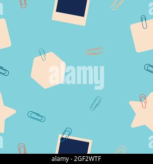 Seamless patter in cartoon flat style of multi-coloured paper clip with notes and photos isolated on a blue background. Vector illustration. Stock Vector