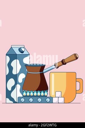 Concept illustration of making coffee cezve on gas stove. Illustration of morning routine of making coffee with sugar and milk isolated on pink Stock Vector
