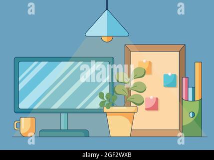 Cartoon home office work or study online at computer. Concept of remote workplace in a flat style isolated on a blue background. Stock Vector