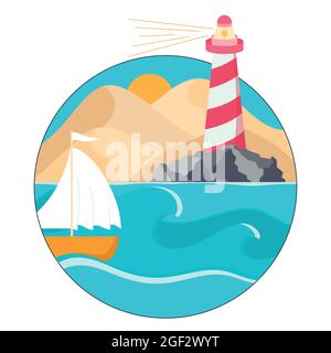 Vector round label of simple landscape of a desert hills, lighthouse and. boat at sea, background template. Vector illustration in a flat style. Stock Vector
