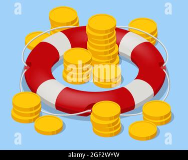 Isometric stacked coins in red lifebuoy or lifebelt. Risk management analysis. Insurance policy concept. Rescue of the money. Stock Vector