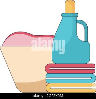 Cartoon illustration of a basket with a dirty clothes and soap in plastic tube on the multi-colored towels. Vector illustration in a flat style Stock Vector