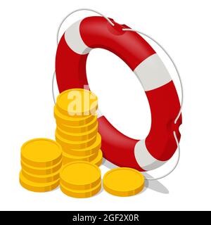 Isometric stacked coins in red lifebuoy or lifebelt. Risk management analysis. Insurance policy concept. Rescue of the money. Stock Vector