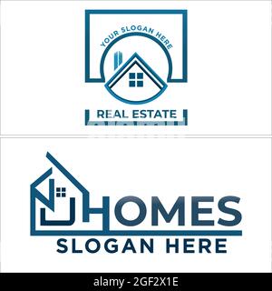 Real Estate Mortgage building architecture with home line vector logo design Stock Vector
